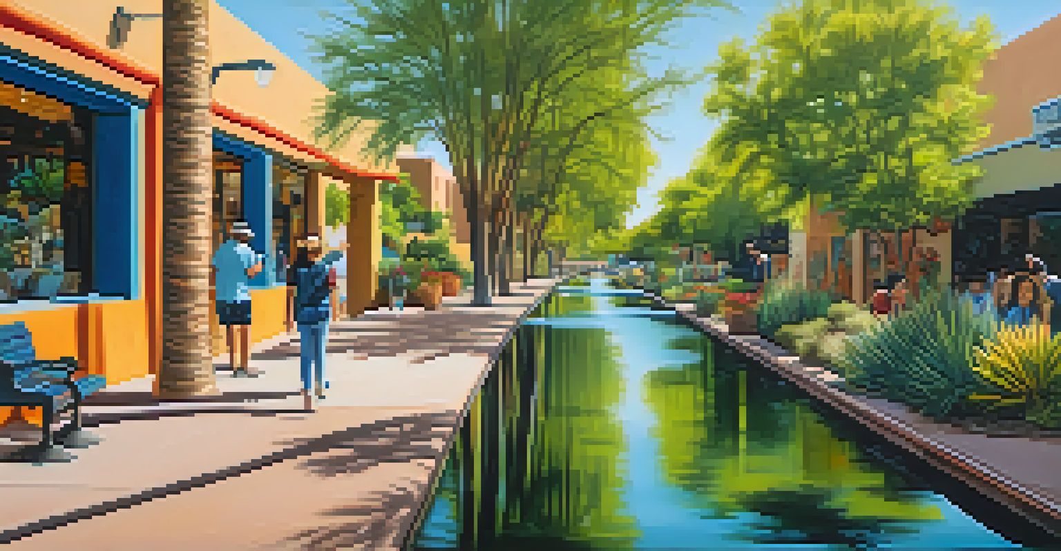 A beautiful scene of the Scottsdale Canal with colorful murals and street art reflecting in the water.