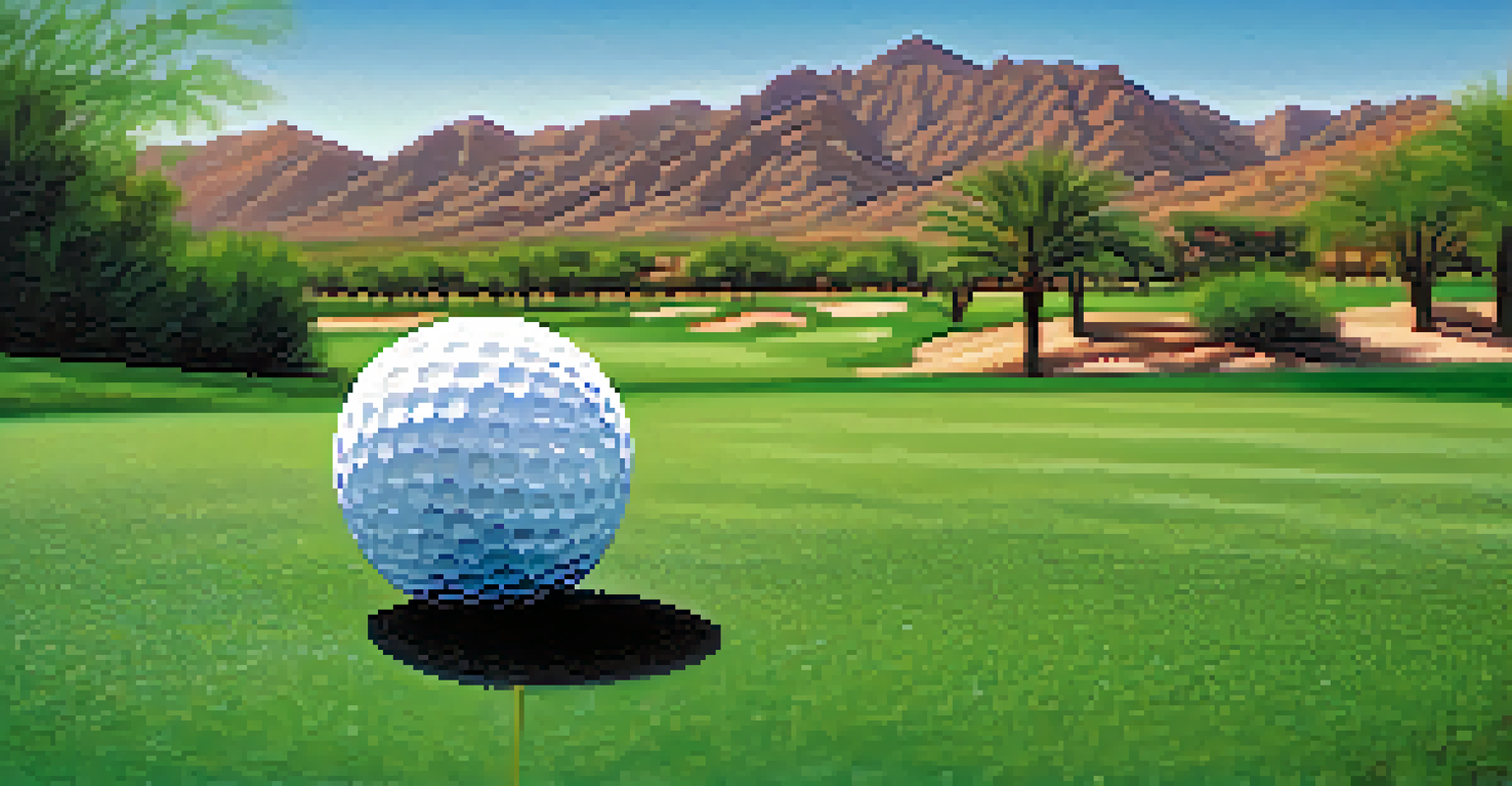 A close-up of a golf ball on a tee with a blurred Scottsdale golf course and mountains in the background.