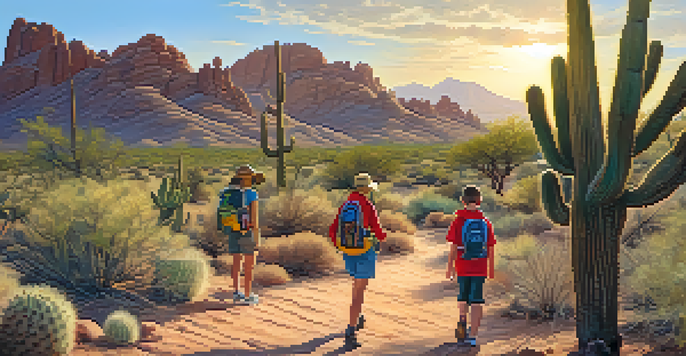A family hiking on a desert trail, enjoying the natural scenery and each other's company.