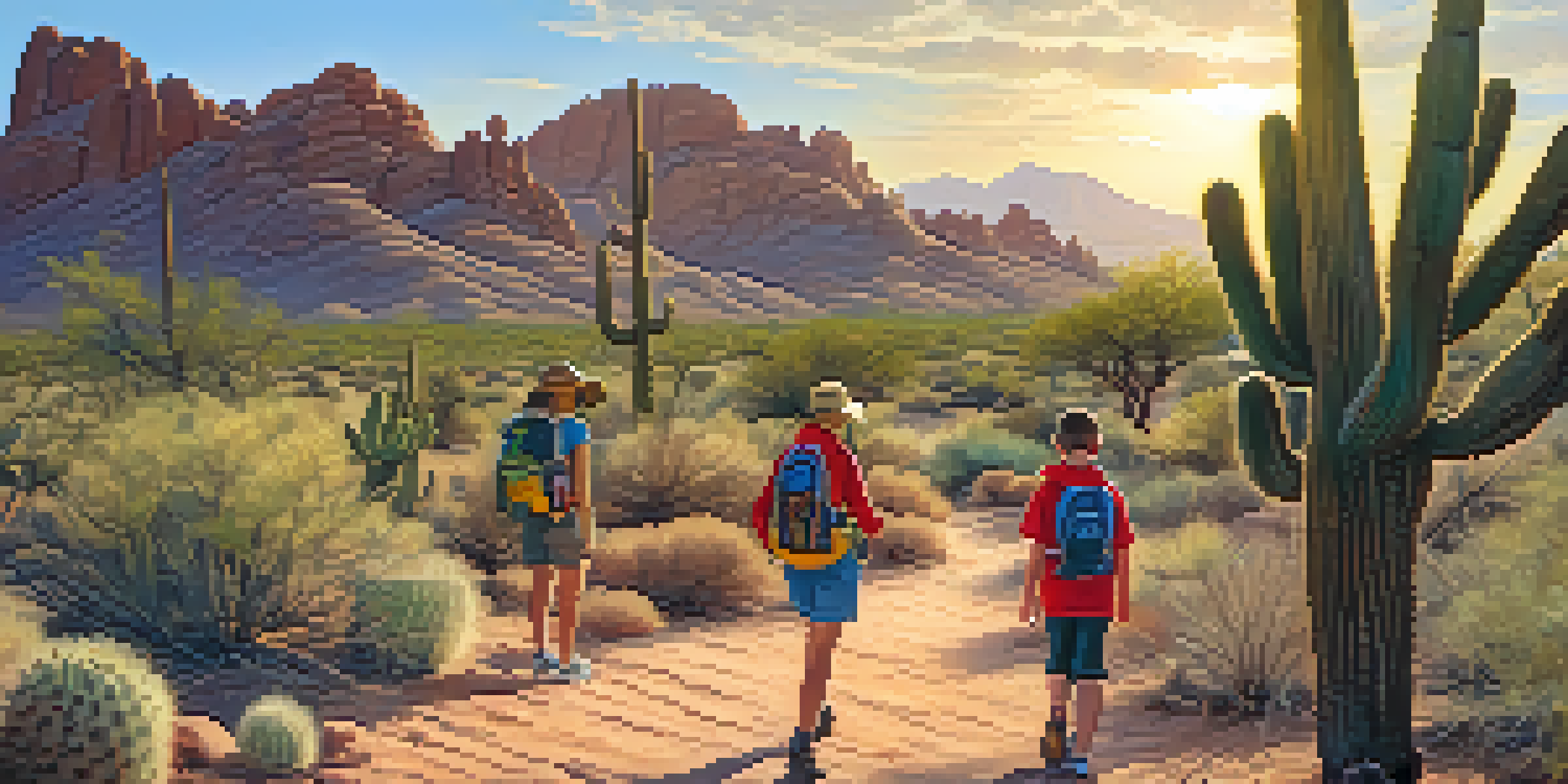 A family hiking on a desert trail, enjoying the natural scenery and each other's company.