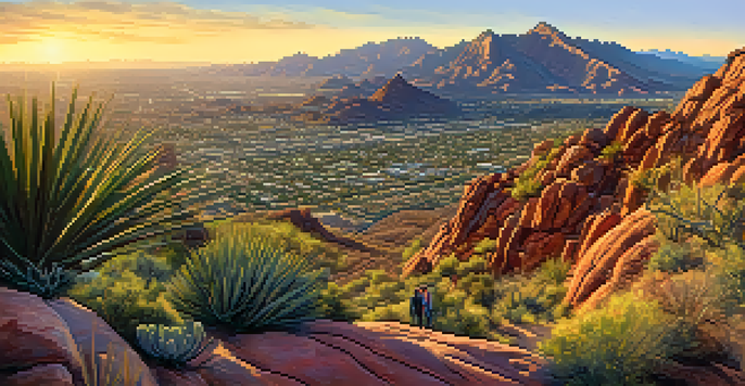 A panoramic view from the top of Camelback Mountain, showcasing the Sonoran Desert with hikers at the summit during golden hour.