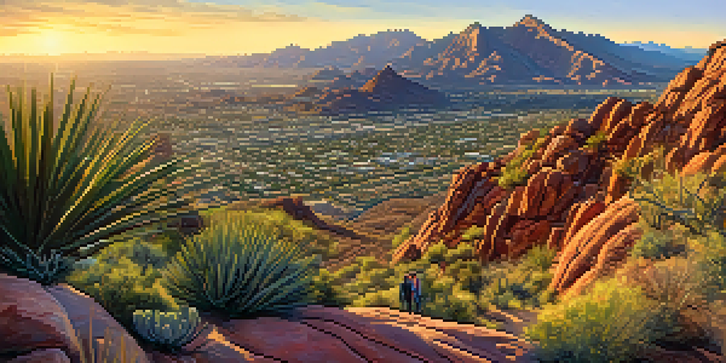 A panoramic view from the top of Camelback Mountain, showcasing the Sonoran Desert with hikers at the summit during golden hour.