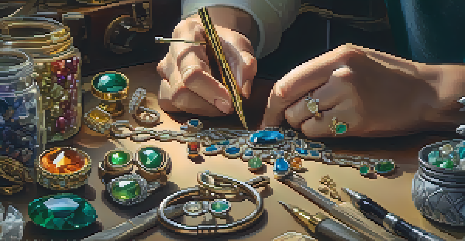 A close-up of a jeweler's hands creating a piece of jewelry with vibrant gemstones, surrounded by tools and sketches in warm light.