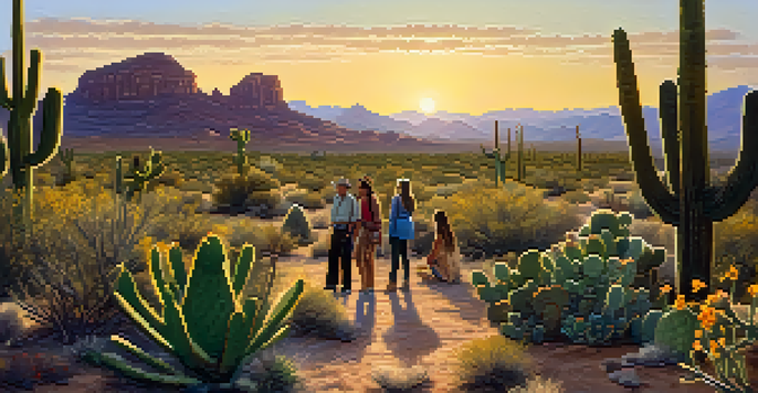 A Native American guide shares knowledge about desert plants with a group of visitors during a sunset tour in the Sonoran Desert.