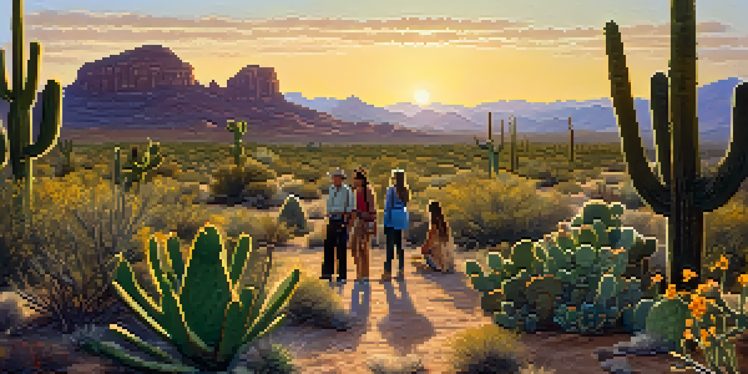 A Native American guide shares knowledge about desert plants with a group of visitors during a sunset tour in the Sonoran Desert.
