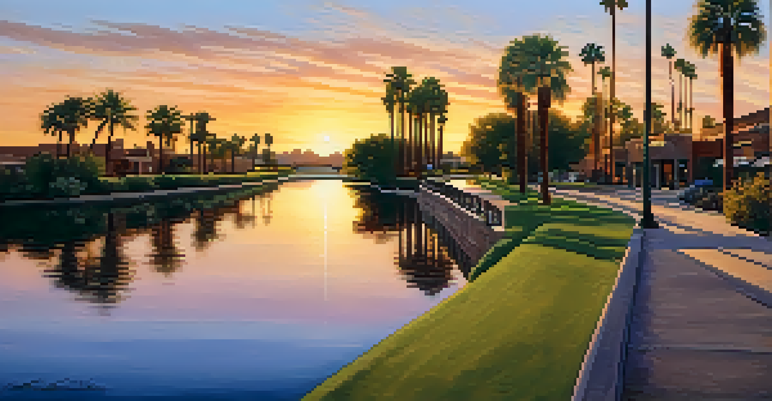 A beautiful sunset view of the Arizona Canal at the Scottsdale Waterfront, with a bike path and palm trees.