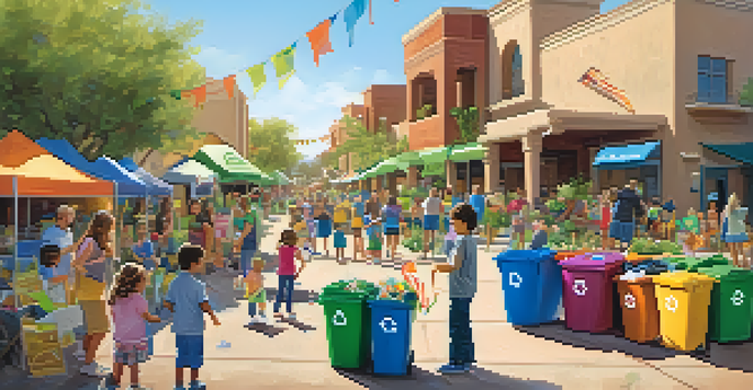 A community recycling event in Scottsdale with families and children actively participating, colorful recycling bins, and banners promoting sustainability under warm sunlight.