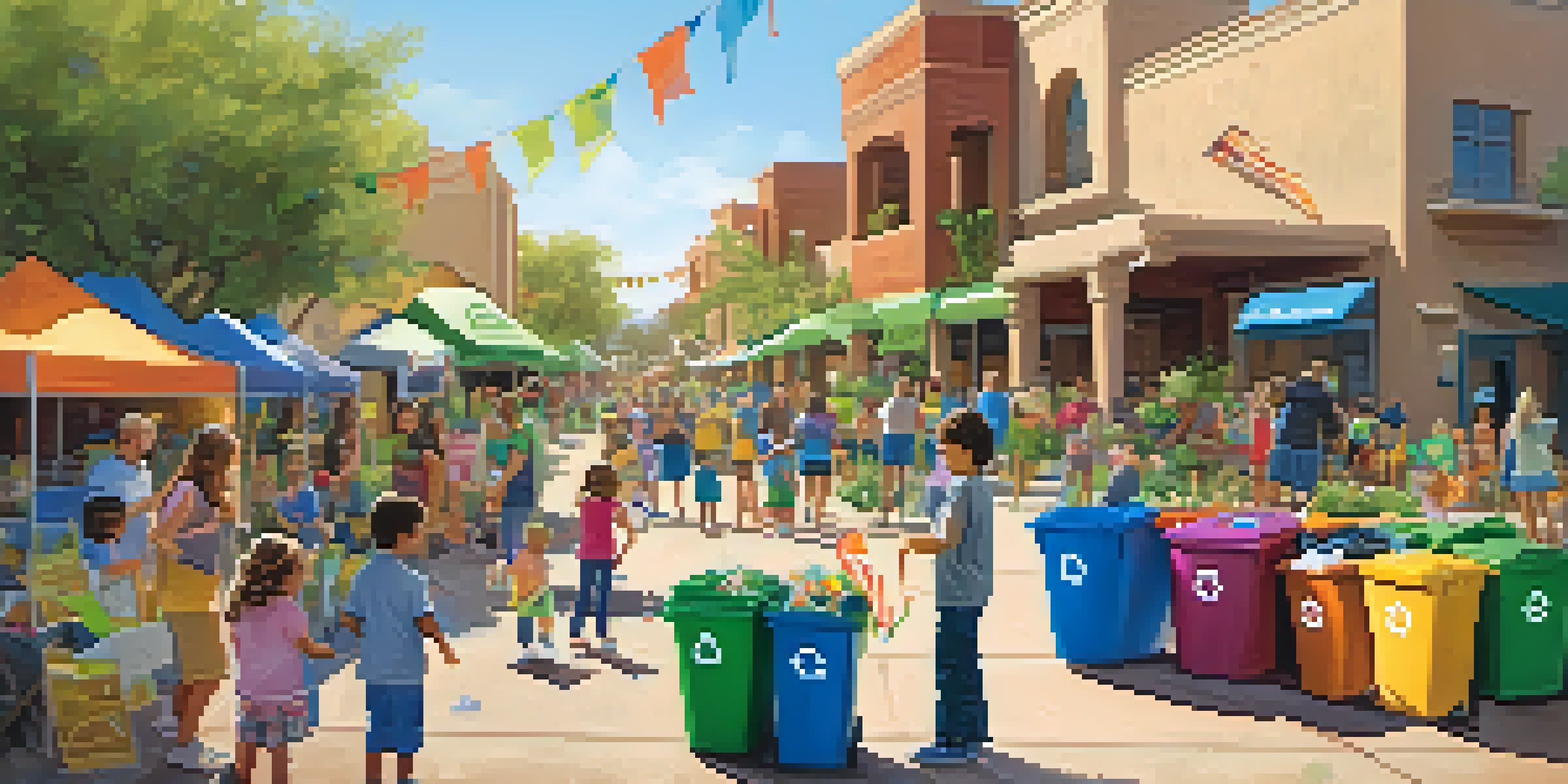 A community recycling event in Scottsdale with families and children actively participating, colorful recycling bins, and banners promoting sustainability under warm sunlight.