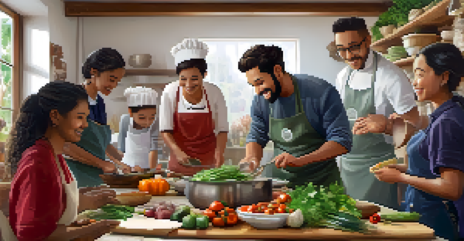 A local chef teaching a diverse group how to prepare traditional dishes in a cozy kitchen.