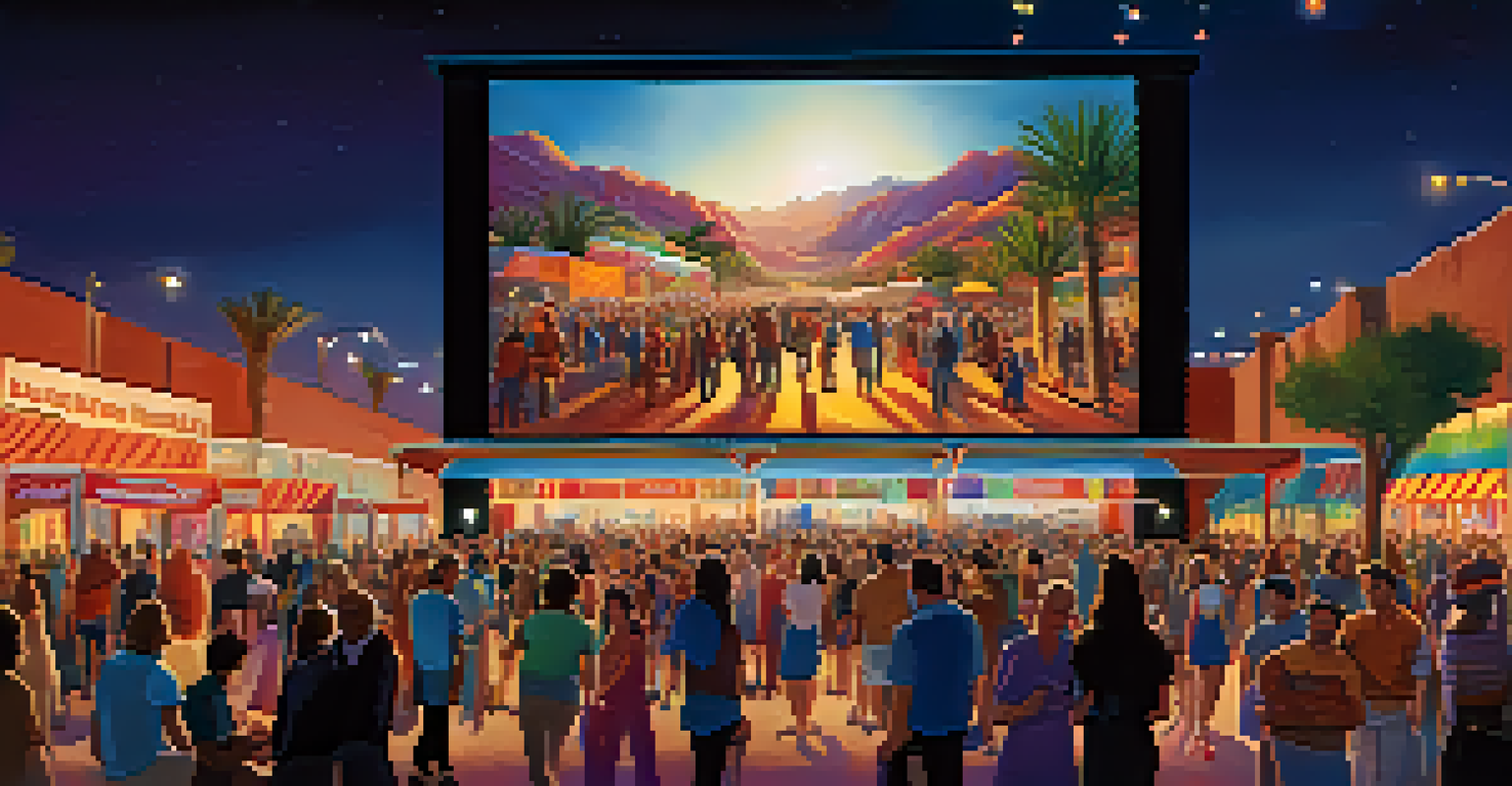 A lively outdoor film festival in Scottsdale with a large screen, colorful lights, and diverse attendees enjoying the event.