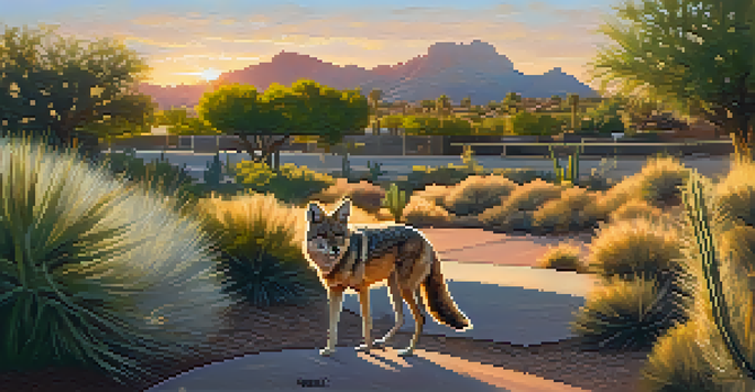 A peaceful urban park in Scottsdale with blooming native plants and a coyote, illuminated by a sunset.