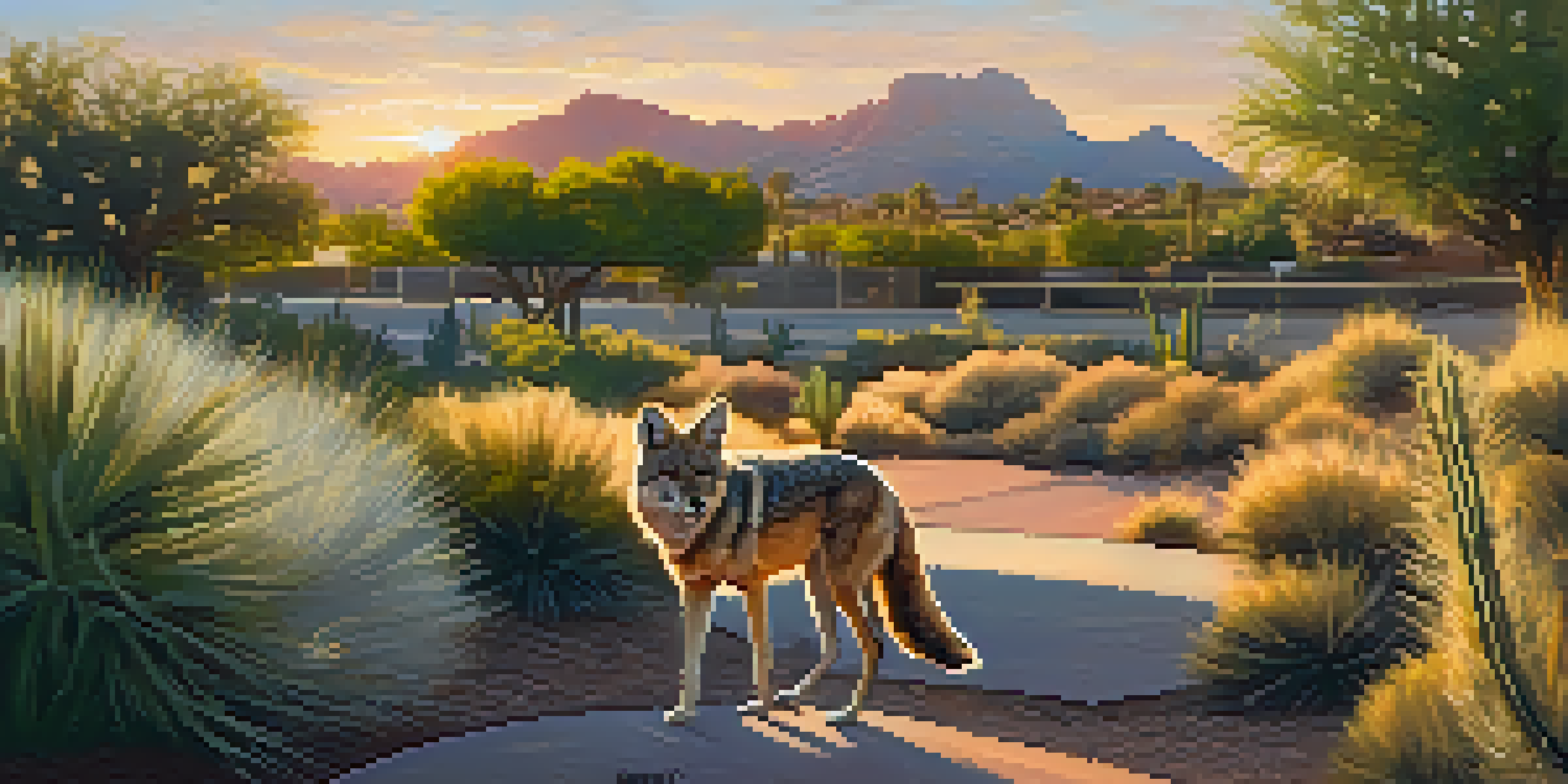 A peaceful urban park in Scottsdale with blooming native plants and a coyote, illuminated by a sunset.