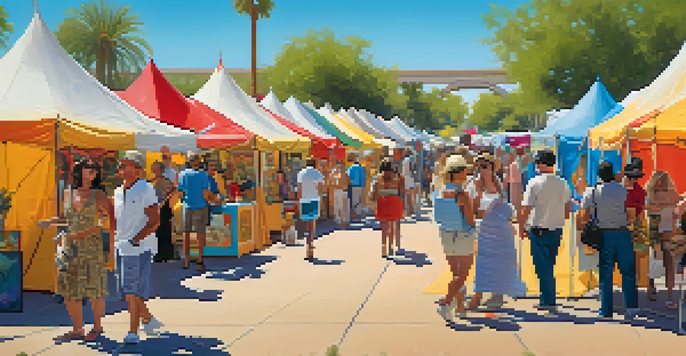 Artists and visitors enjoying the Scottsdale Arts Festival, surrounded by colorful artworks and tents.