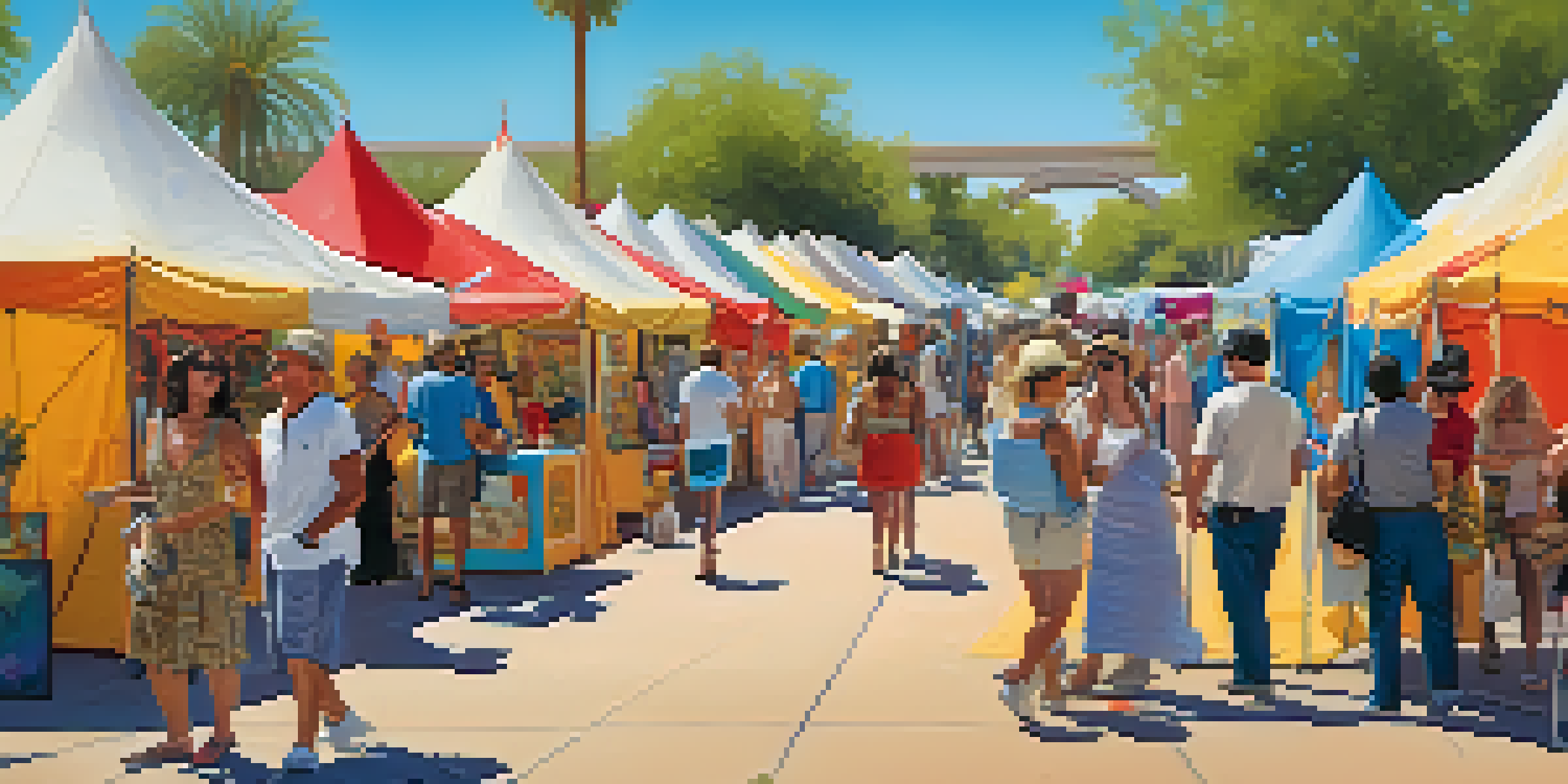 Artists and visitors enjoying the Scottsdale Arts Festival, surrounded by colorful artworks and tents.