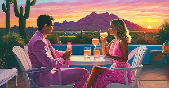 A couple enjoying a romantic sunset on a terrace in Scottsdale, Arizona, with Camelback Mountain in the background.