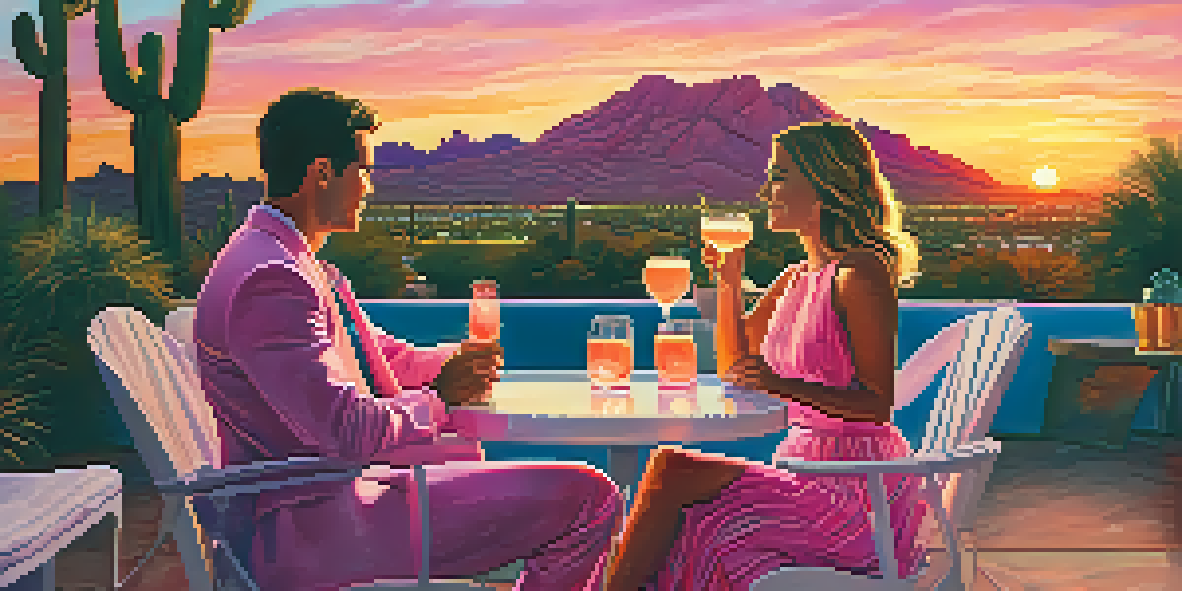 A couple enjoying a romantic sunset on a terrace in Scottsdale, Arizona, with Camelback Mountain in the background.