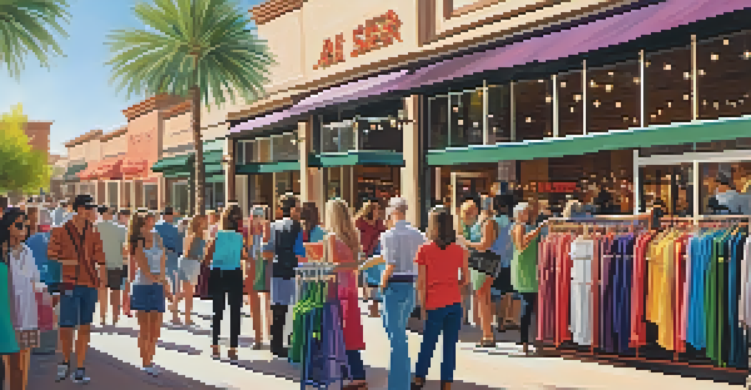 A bustling seasonal sale event outside a boutique in Scottsdale with shoppers and local artisans.