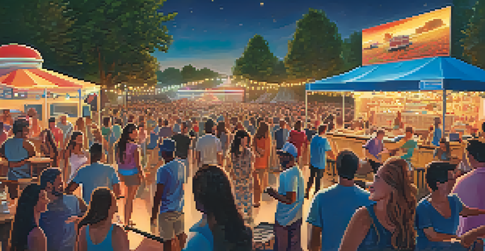 A lively outdoor concert at sunset with a diverse crowd, colorful stage lights, and food trucks in the background.