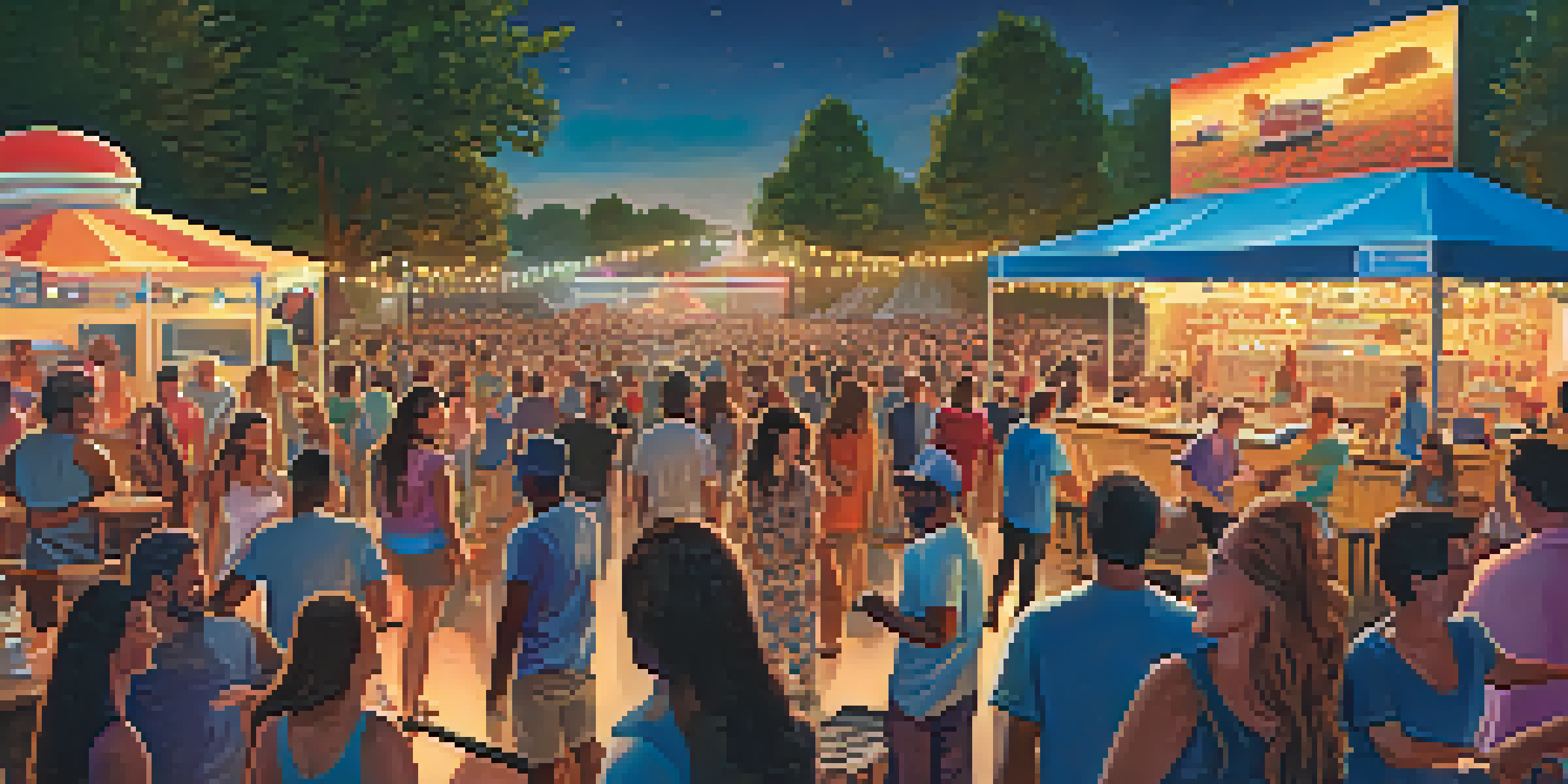A lively outdoor concert at sunset with a diverse crowd, colorful stage lights, and food trucks in the background.