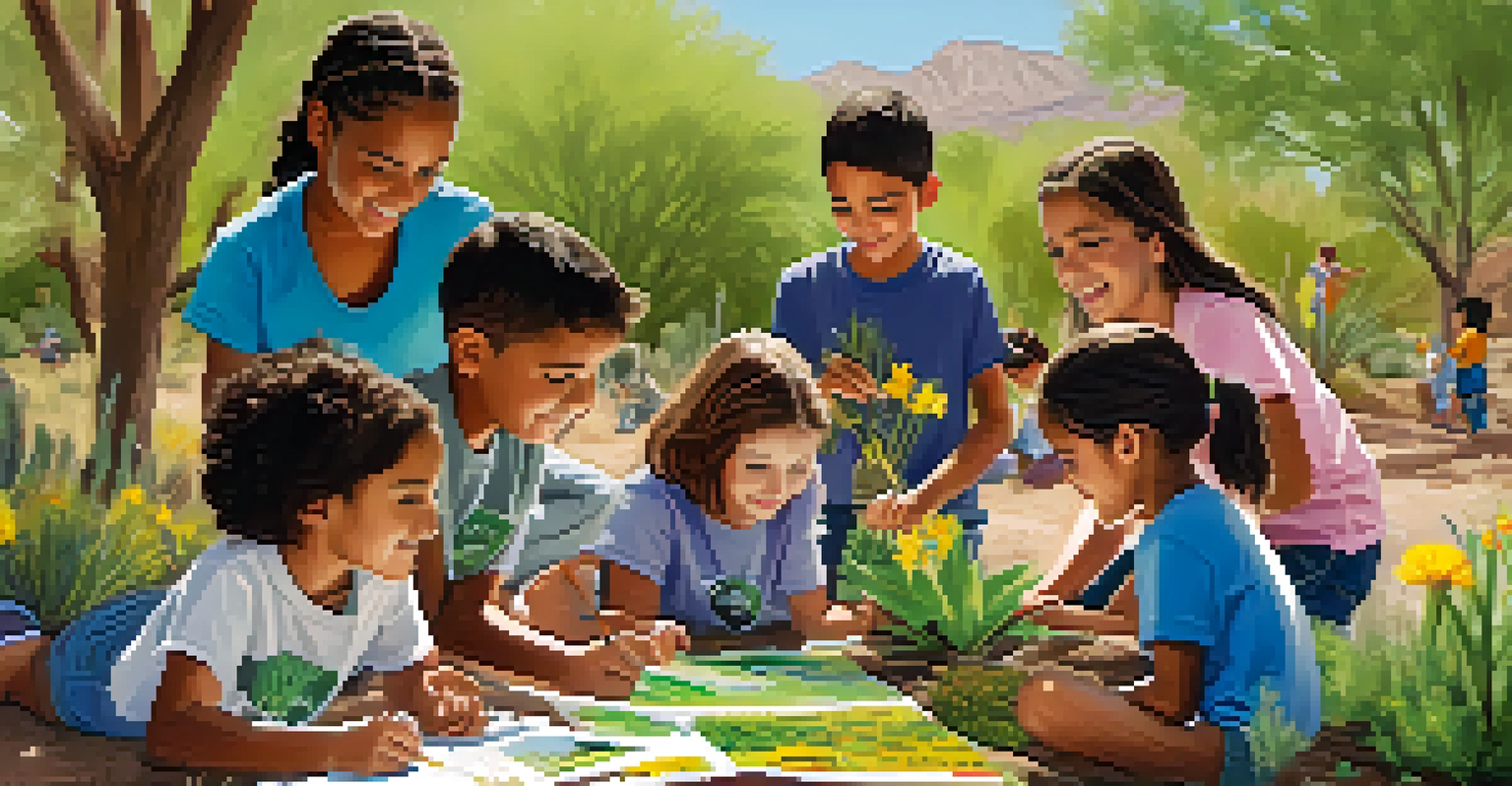 Children engaged in a wildlife conservation workshop, planting native plants with educational posters in the background.