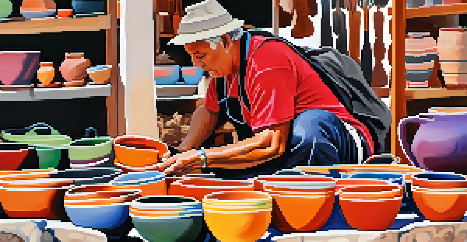 An artisan creating handmade pottery at a farmers' market, surrounded by colorful pottery and engaged with a customer.