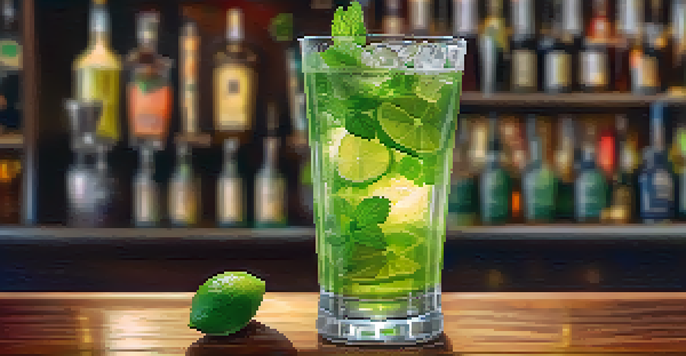 A tall glass of Mojito de Jamaica cocktail garnished with mint and lime, set in a warm, inviting bar atmosphere.