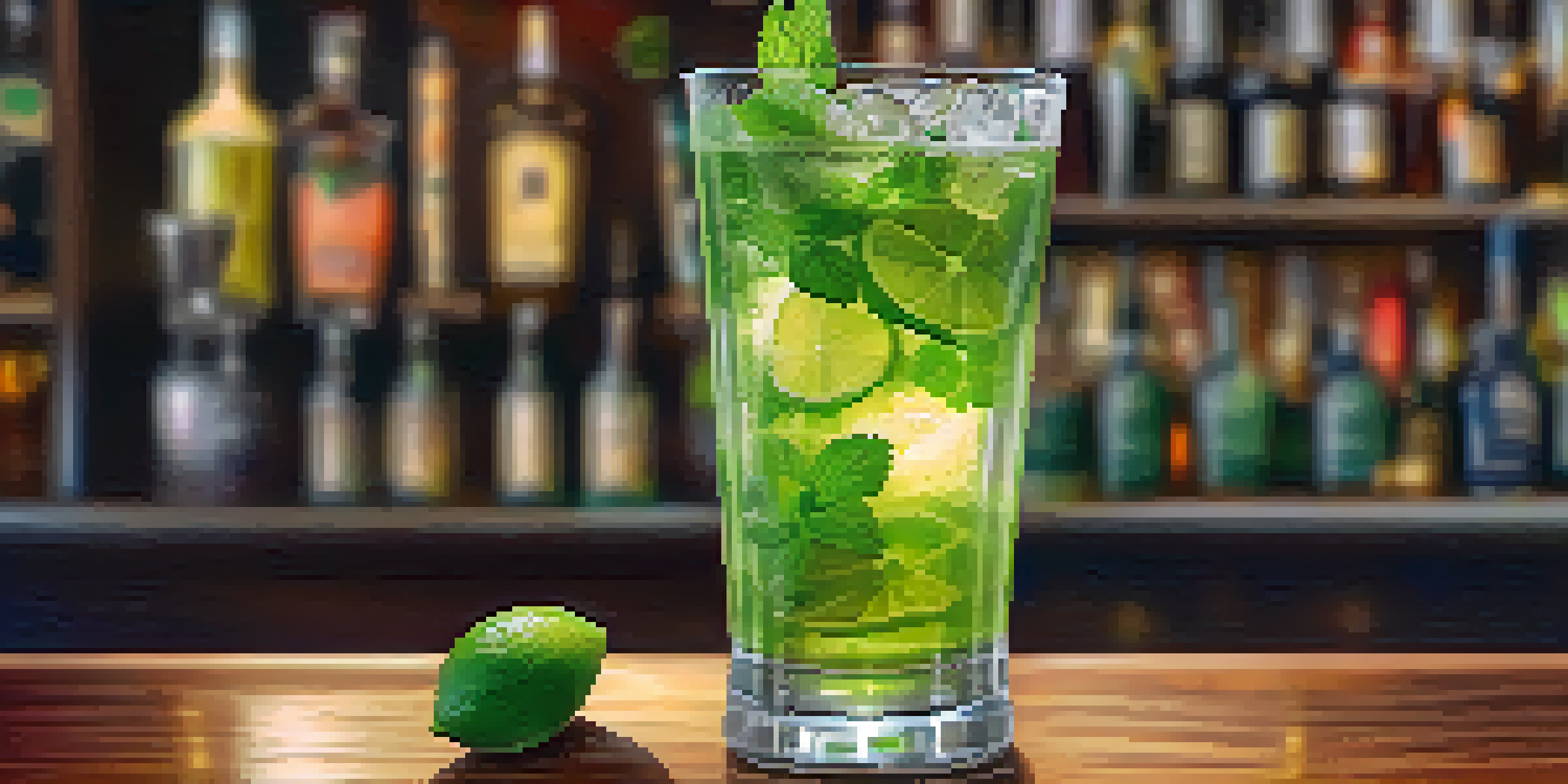 A tall glass of Mojito de Jamaica cocktail garnished with mint and lime, set in a warm, inviting bar atmosphere.