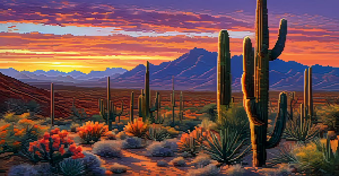 A vibrant sunset over the Sonoran Desert with cacti and mountains in the background.