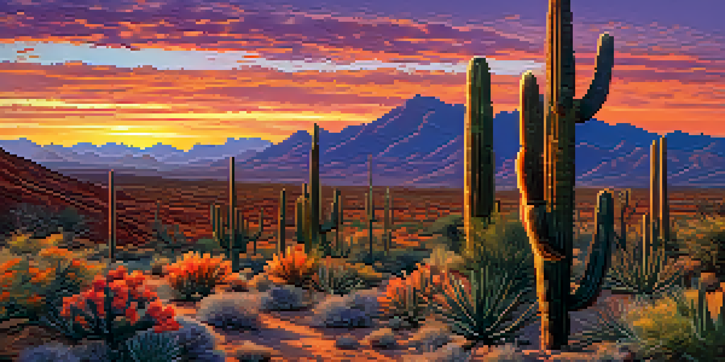 A vibrant sunset over the Sonoran Desert with cacti and mountains in the background.