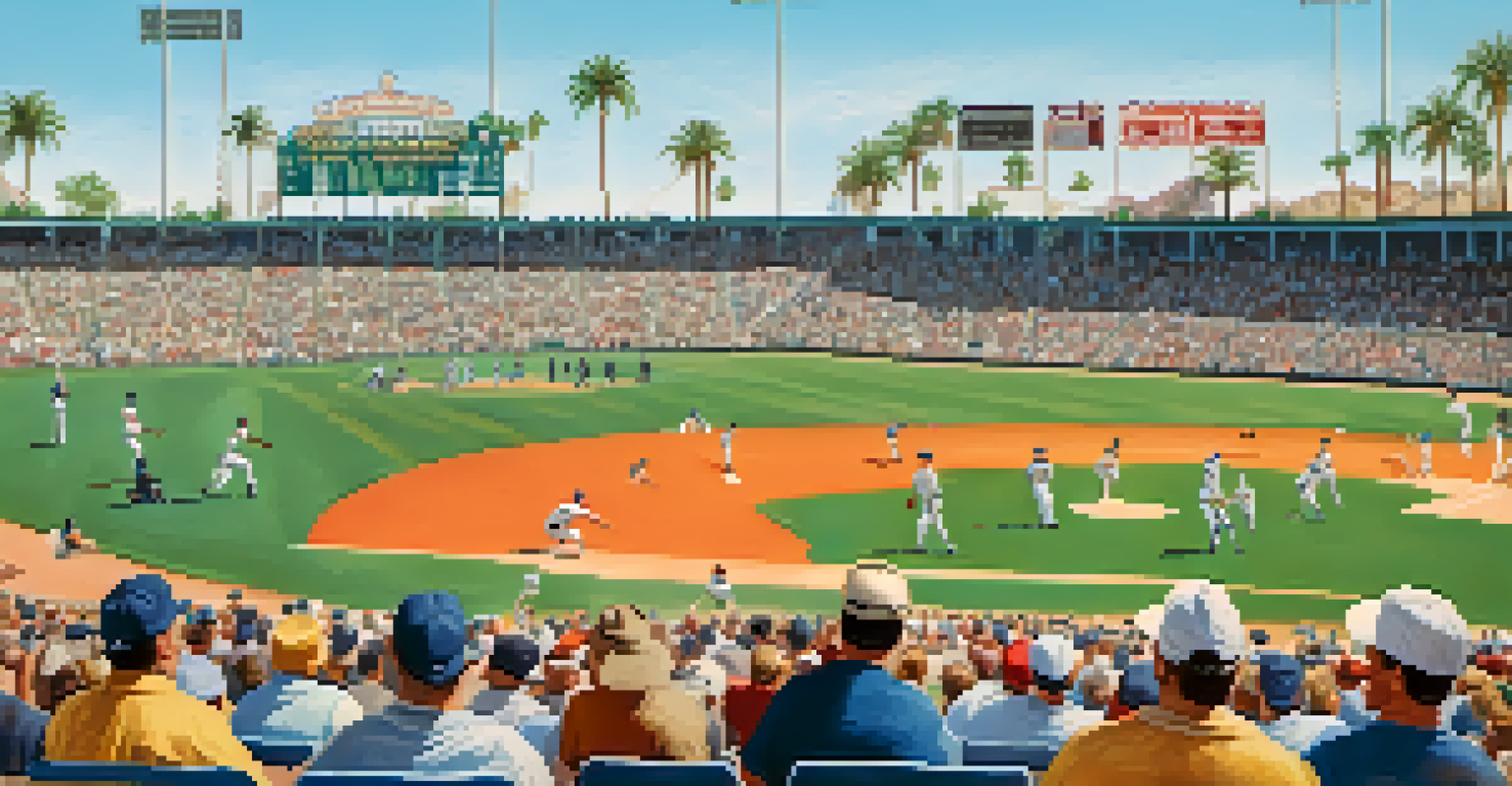 Fans cheering at Scottsdale Stadium during a spring training baseball game, with players on the field and a sunny sky.