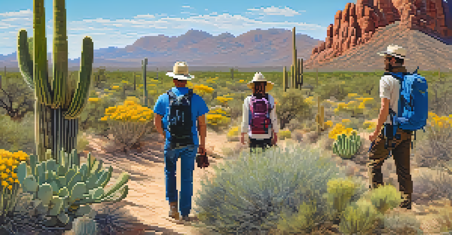 A group of travelers hiking in the desert, surrounded by vibrant wildflowers and cacti, showcasing their eco-friendly lifestyle.