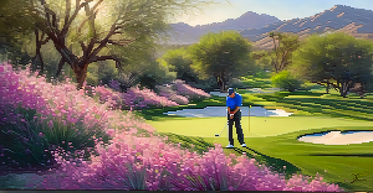 A golfer practicing on a spring morning in Scottsdale surrounded by blooming wildflowers.