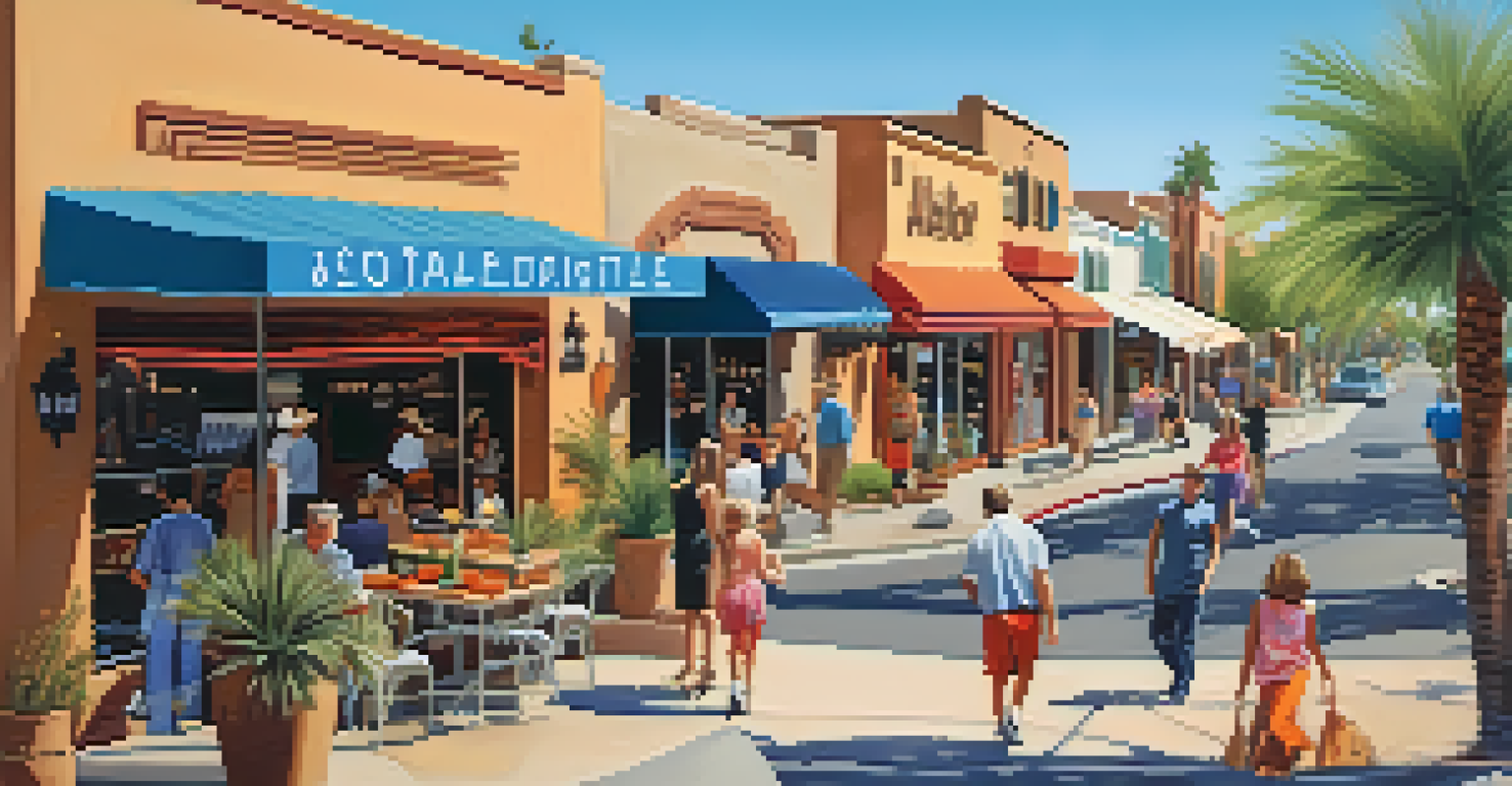 An aerial view of Scottsdale's Old Town with historic adobe buildings and modern shops, bustling with people.