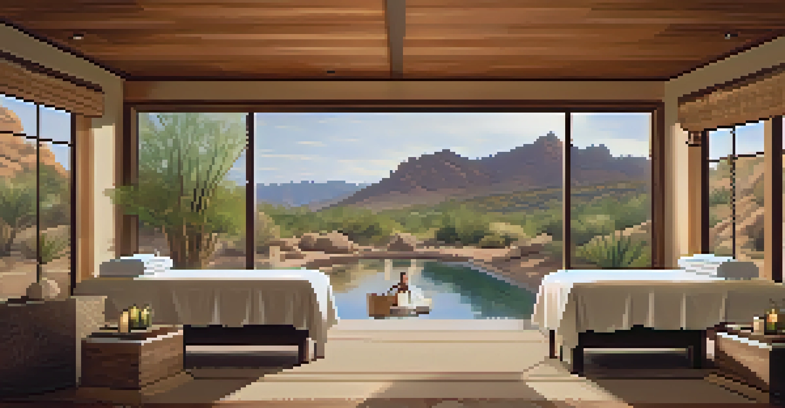 A couple enjoying a side-by-side massage in a spa cabana at Sanctuary Camelback Mountain Resort, surrounded by desert views.