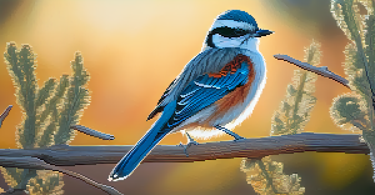 A native bird sitting on a branch, showcasing its colorful feathers against a blurred desert background.