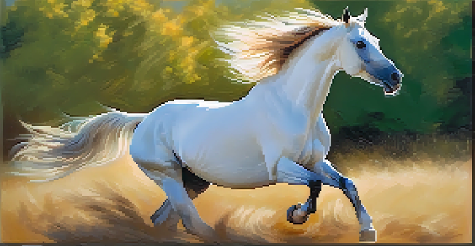 A beautiful Arabian horse running with its mane flowing, set against a bright blue sky and lush green fields.