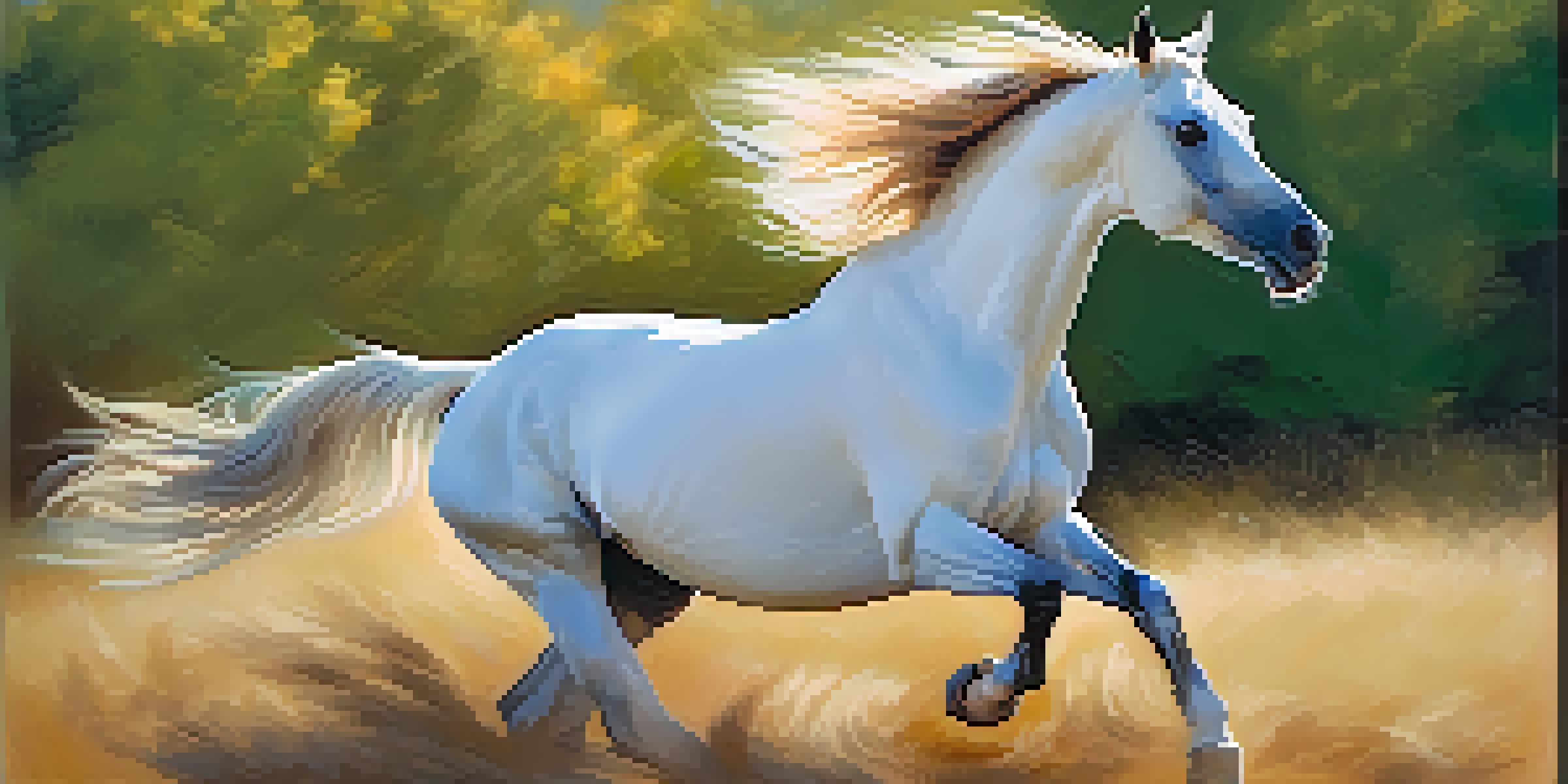 A beautiful Arabian horse running with its mane flowing, set against a bright blue sky and lush green fields.