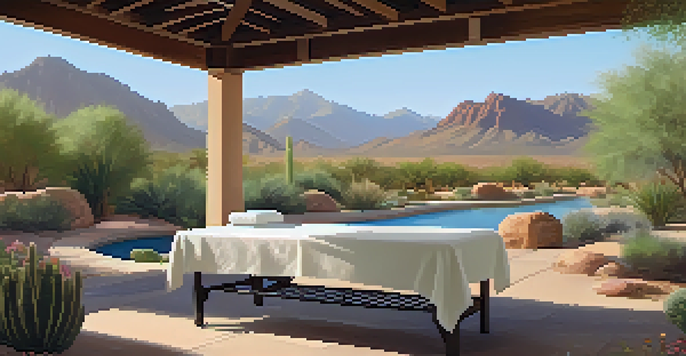 An outdoor spa massage area in Scottsdale with desert plants and mountains, illuminated by warm sunlight.