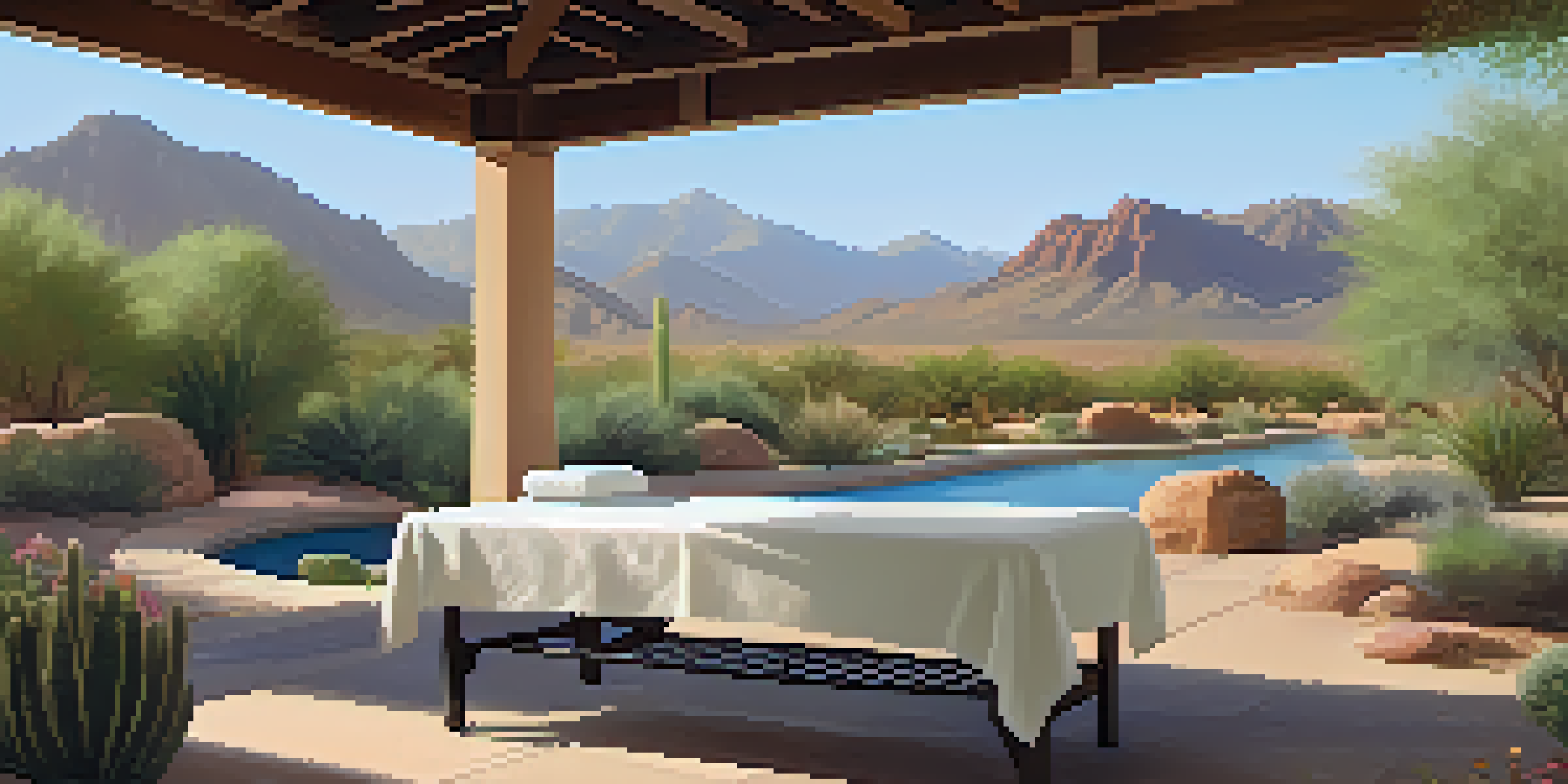 An outdoor spa massage area in Scottsdale with desert plants and mountains, illuminated by warm sunlight.