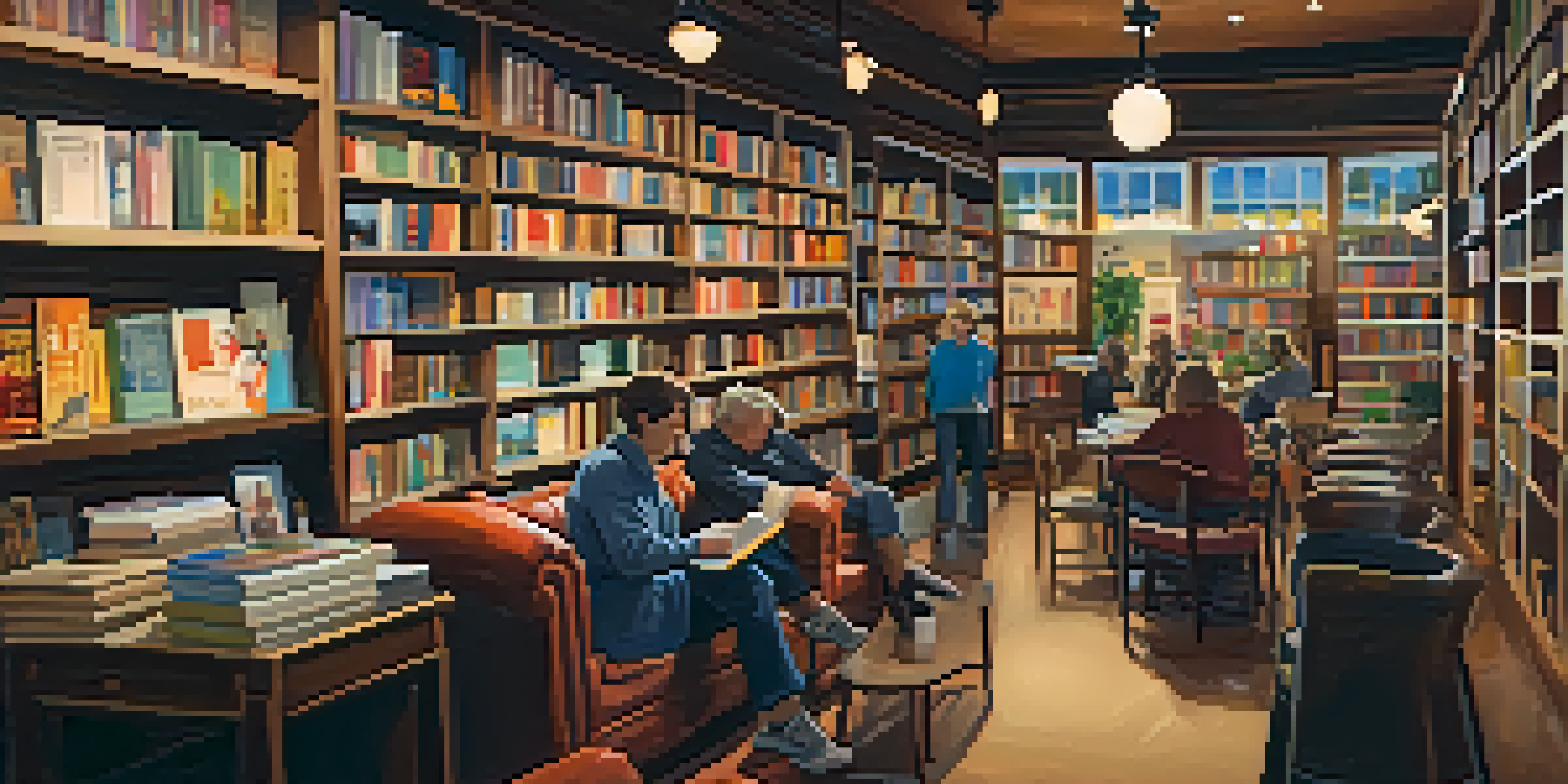 A warm and inviting local bookstore with shelves of books, a reading nook, and a local author signing books.