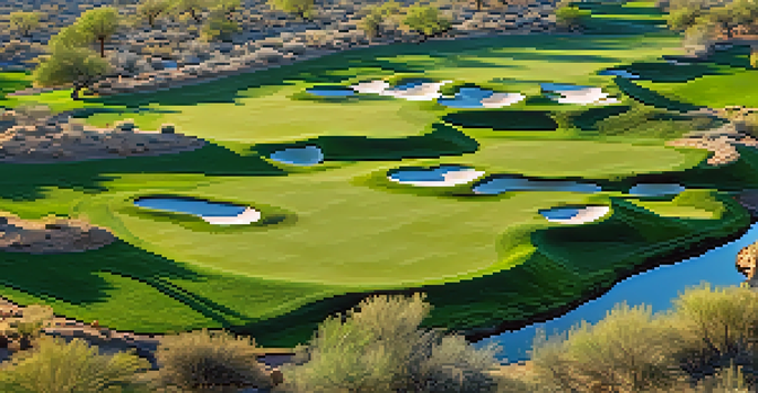 Aerial view of a golf course in the Sonoran Desert, featuring green fairways and desert landscape.