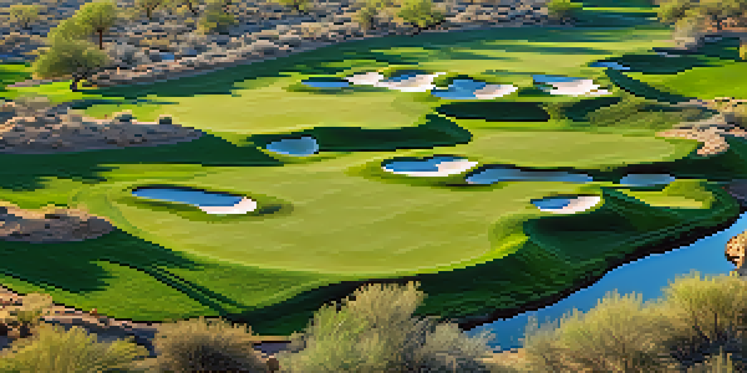 Aerial view of a golf course in the Sonoran Desert, featuring green fairways and desert landscape.