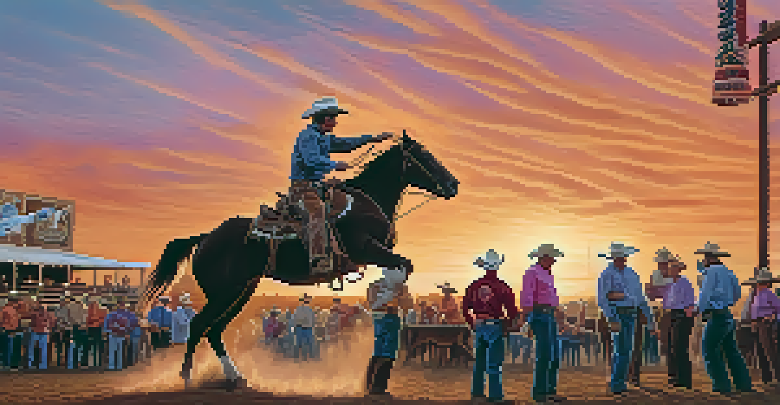 A lively rodeo scene in Scottsdale featuring cowboys on horseback, with an audience cheering and a colorful sunset in the background.