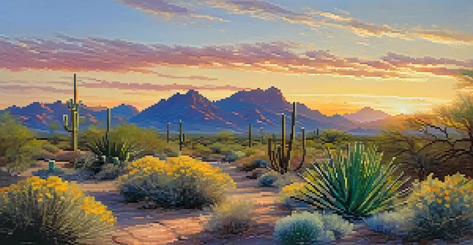 A beautiful sunrise over the Scottsdale McDowell Sonoran Preserve with a winding trail, cacti, and wildflowers in the foreground.