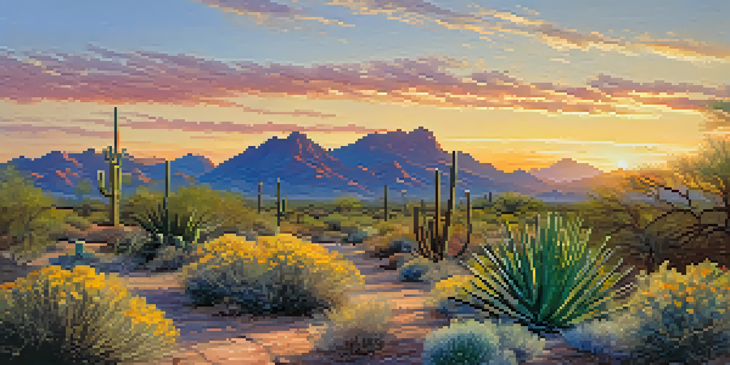 A beautiful sunrise over the Scottsdale McDowell Sonoran Preserve with a winding trail, cacti, and wildflowers in the foreground.
