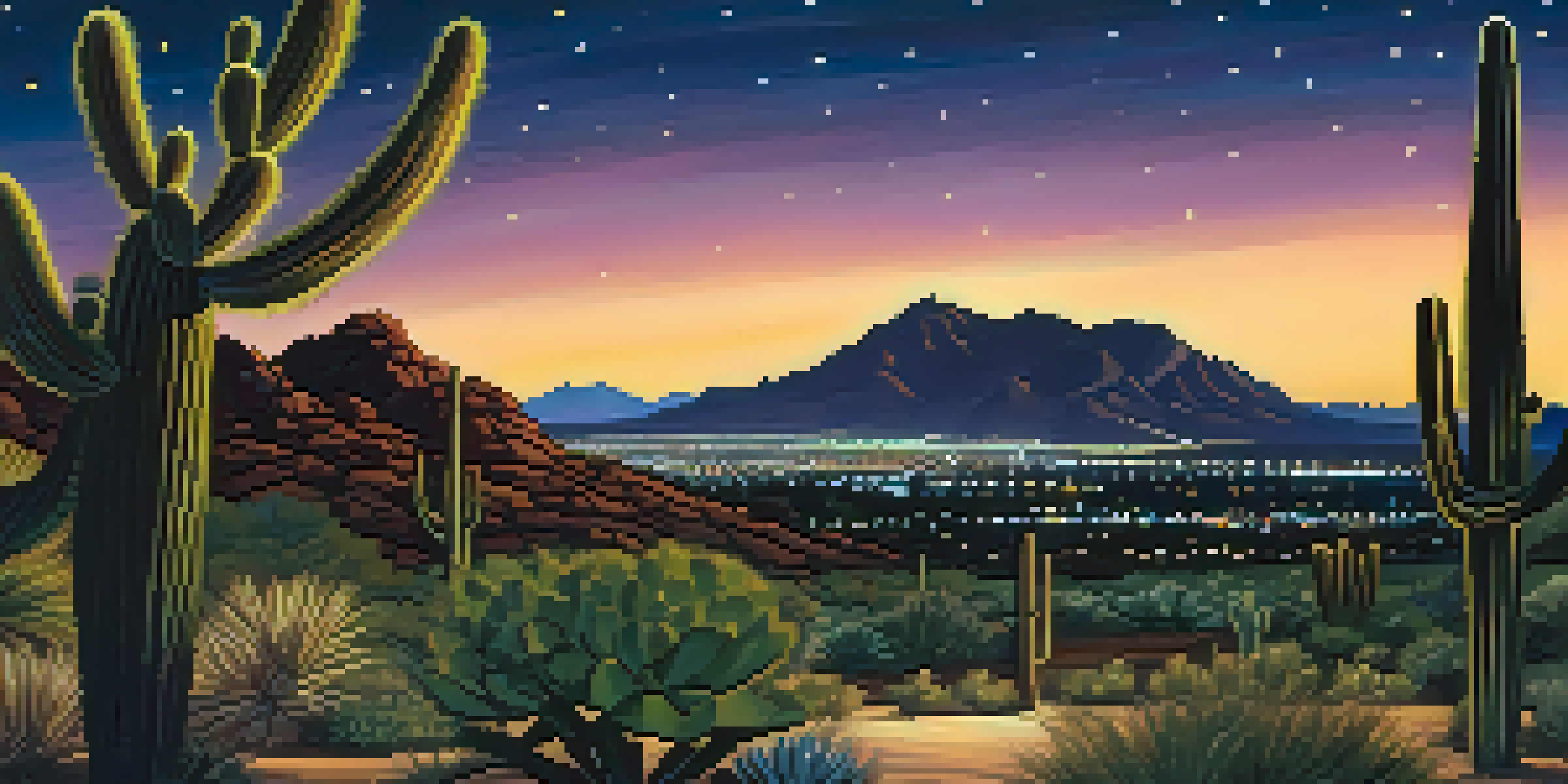 A dark silhouette of Camelback Mountain with a starry sky and city lights of Scottsdale below, featuring illuminated desert flora in the foreground.