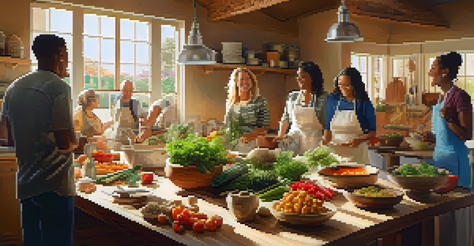 A lively cooking workshop in a bright kitchen with diverse participants cooking together, surrounded by fresh ingredients and warm sunlight.