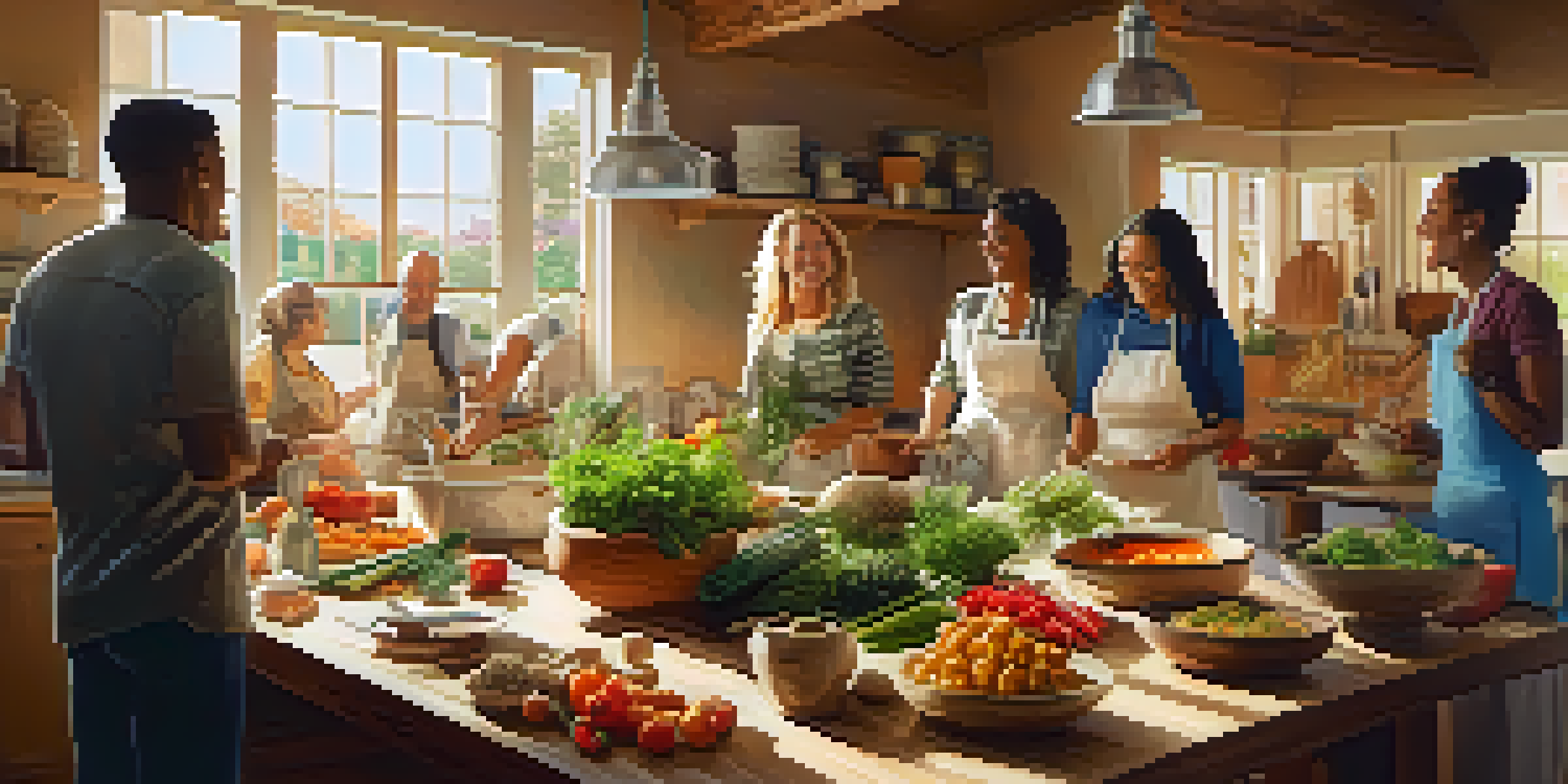 A lively cooking workshop in a bright kitchen with diverse participants cooking together, surrounded by fresh ingredients and warm sunlight.