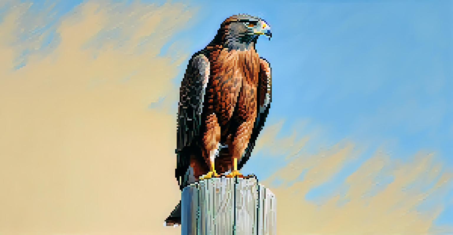 A majestic Harris's Hawk perched on a utility pole with a clear blue sky and desert landscape in the background in Scottsdale, Arizona.