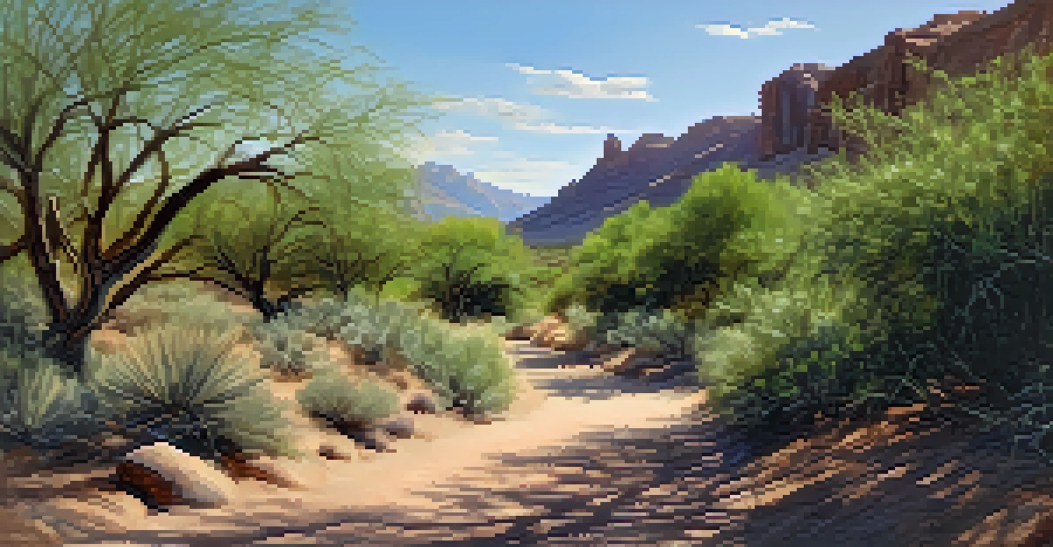 A hiking trail in a desert park with sunlight filtering through trees and mountains in the background.